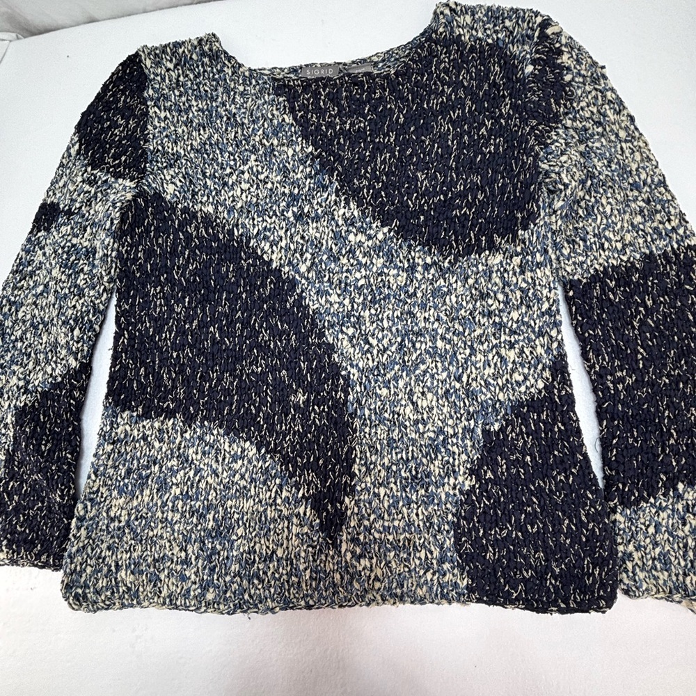 Sigrid Olsen Petite S Hand-Knit Textured Sweater Blue Cream Abstract Cozy